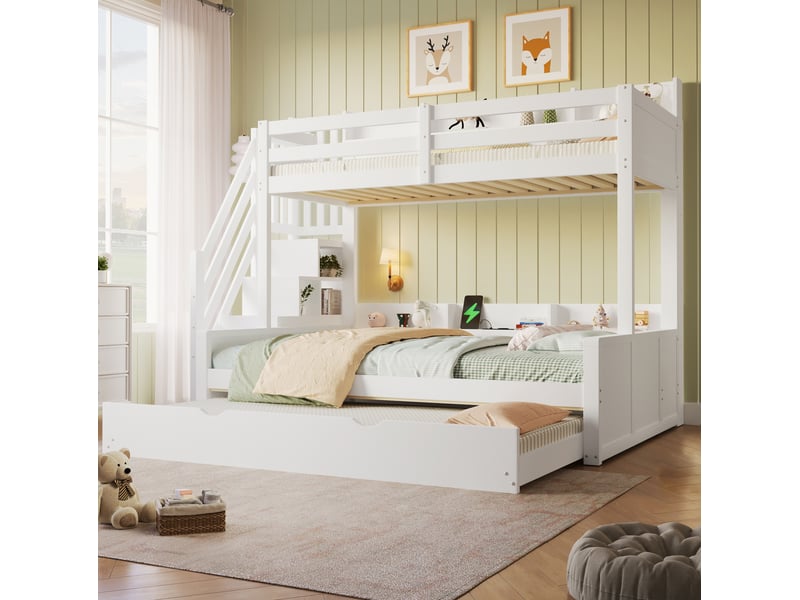  Lit superposé blanc 90x200 et 140x200 cm avec lit gigogne, rangements et usb  - Conforama D