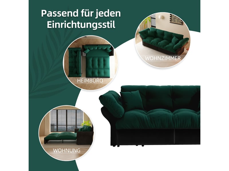  Canapé-lit convertible 3-en-1 190 cm queen-size, velours capitonné, 2 coussins, vert  - Conforama D
