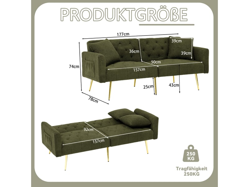  Canapé 2 places convertible 177x74x78 cm, 2 coussins, dossier inclinable 3 positions, teddy, pieds métal, vert  - Conforama C
