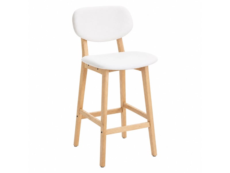  Tabouret de bar avec dossier, siège rembourré et repose-pieds en similicuir blanc et bois, lot de 2  - Conforama A