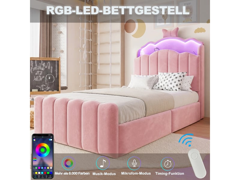  Lit coffre 90x200 cm - lit avec rangement hydraulique, tête de lit avec led, usb et usb-c - velours - rose  - Conforama E
