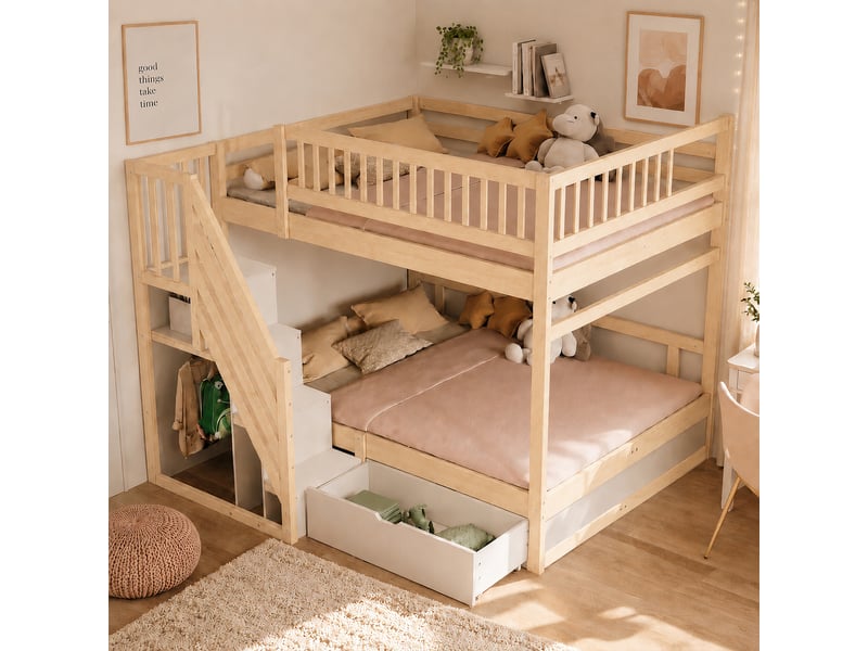  Lit superposé enfant 140×200 cm avec escalier de rangement et tiroirs - okmyhome- bois, sans matelas  - Conforama B