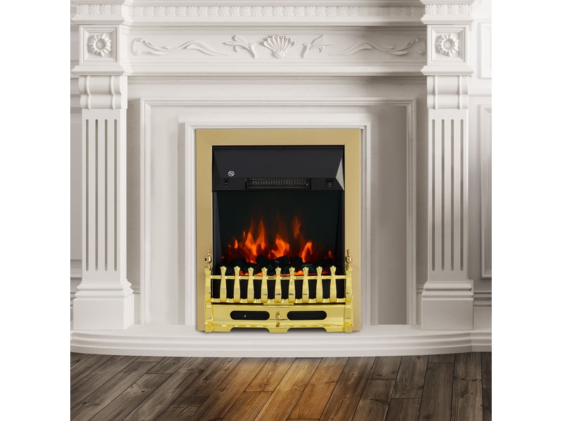  Cheminée électrique avec chauffage, cheminée électrique avec effet flamme led, cheminée décorative 10002000 w, poêle-cheminée électrique, couleur or  - Conforama D