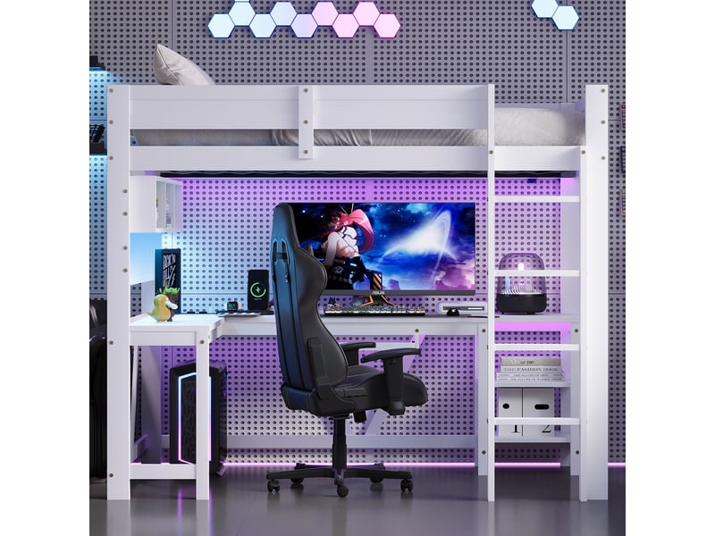  Lit mezzanine gaming 90x200 cm blanc, avec bureau, rangements, led 7 couleurs, 2 prises, 2 usb, sommier inclus, sans matelas  - Conforama R