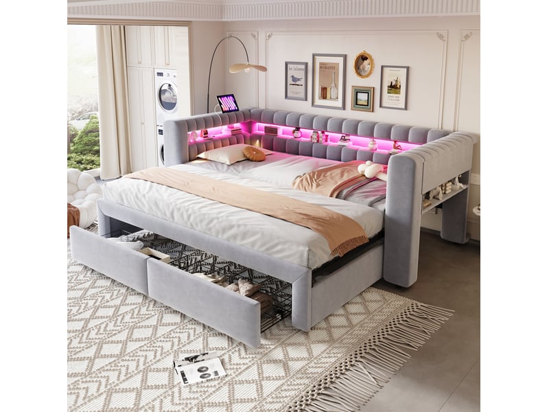  Lit gigogne, 90x180x190 cm, lit tiroir, rangement avec led et usb, tiroirs pratiques intégrés, velours, coloris gris  - Conforama B