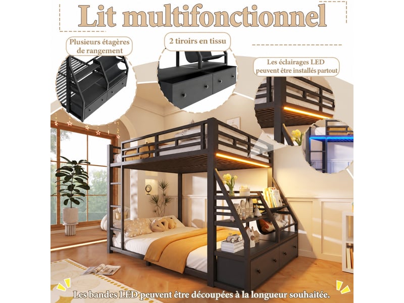  Lit superposé métal 2x140x200 cm, avec éclairage led, 2 tiroirs en tissu, rangement ouvert, escalier et garde-corps, noir  - Conforama E