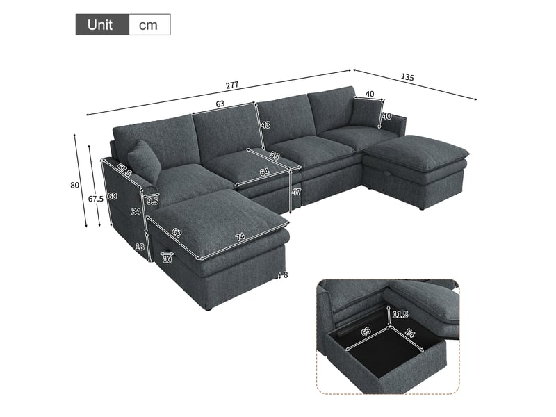  Canapé d'angle modulable 6 places 277x135x80 cm gris en tissu coton et lin, 2 poufs de rangement et ports usb  - Conforama C