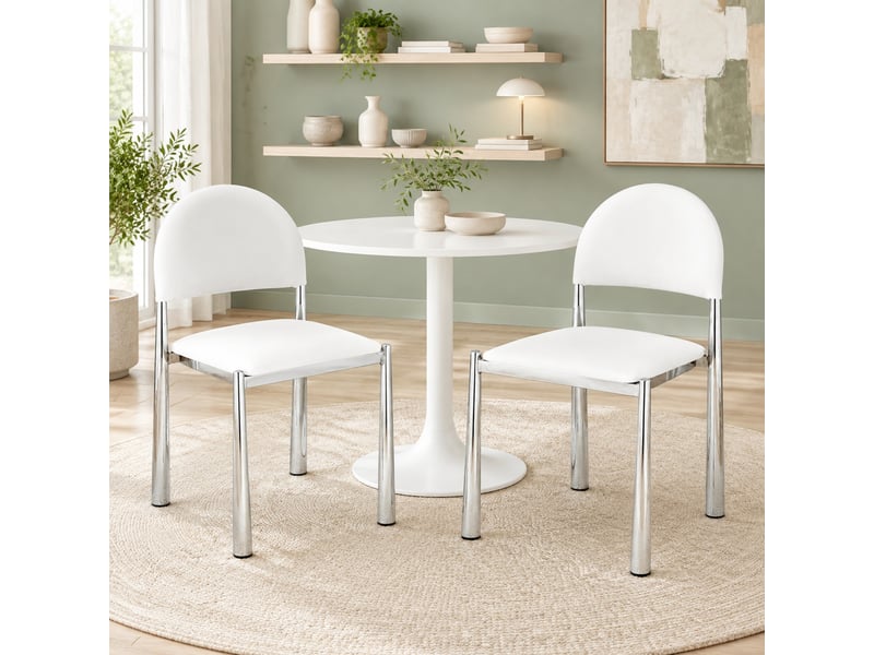  Lot de 2 chaises de salle à manger blanches en pu avec dossier semi-circulaire et pieds en métal chromé  - Conforama D