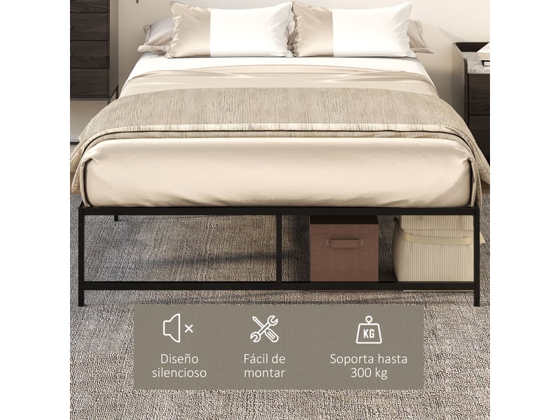 Cadre de lit double 135x190 en métal noir, structure stable avec espace de rangement sous le lit - Conforama W