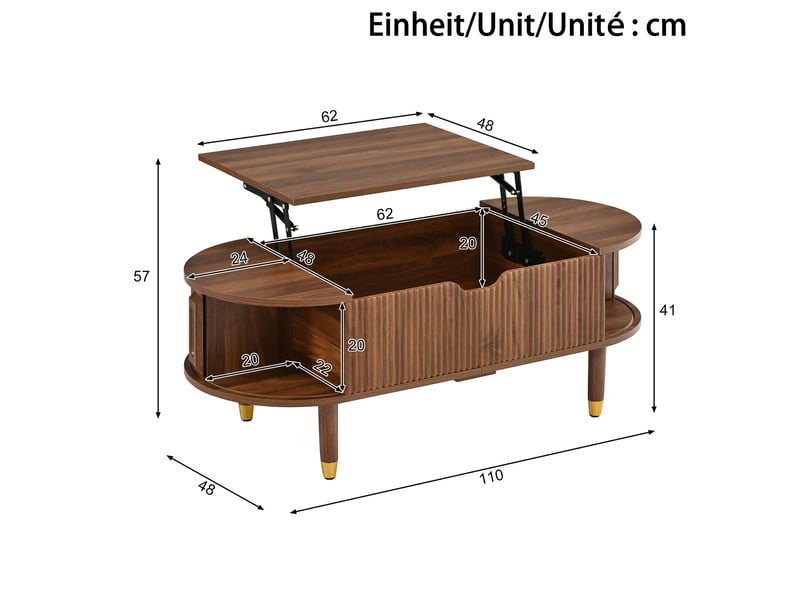  Table basse relevable ovale avec rangement, 2 portes coulissantes, pieds en bois pour salon, noyer 110 × 48 × 57 cm  - Conforama C
