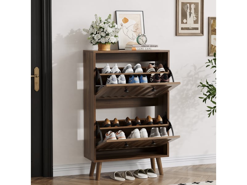  Meuble à chaussures 60x24x95 cm – design vintage – 2 abattants aux motifs persiennes – noyer foncé  - Conforama E