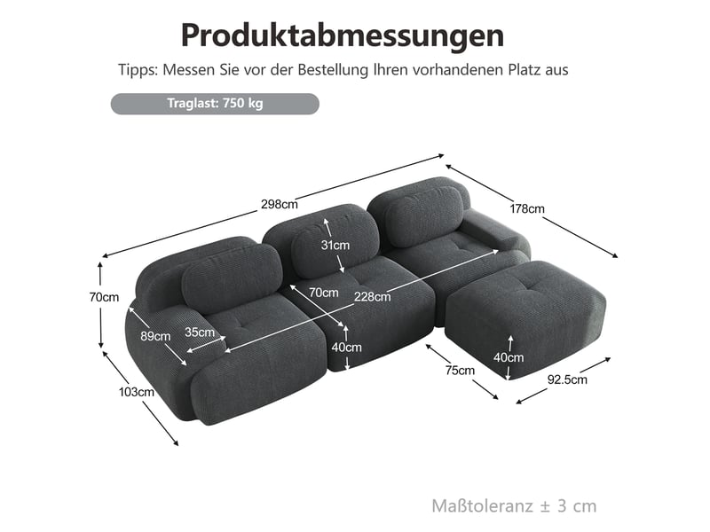  Canapé d'angle modulable modenvie 3 places 298 x 178 x 70 cm velours côtelé gris  - Conforama C
