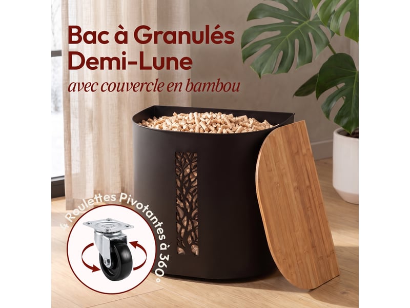 Casabel réservoir pellets & granulés avec roulettes, cap. 30kg, métal noir, couvercle bambou, pour poêle à granulés - Conforama C