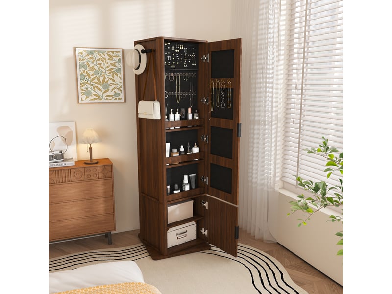  Armoire à bijoux pivotante 360° avec miroir, rangement 4-en-1, noyer foncé  - Conforama D
