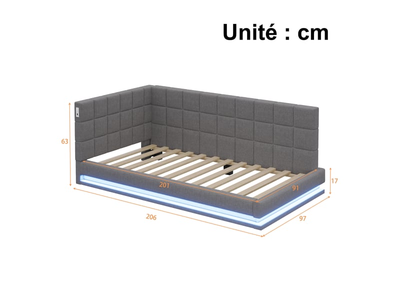  Lit banquette 90x200 cm, lit simple en lin avec led multicolore, port usb et sommier, sans matelas, gris  - Conforama D
