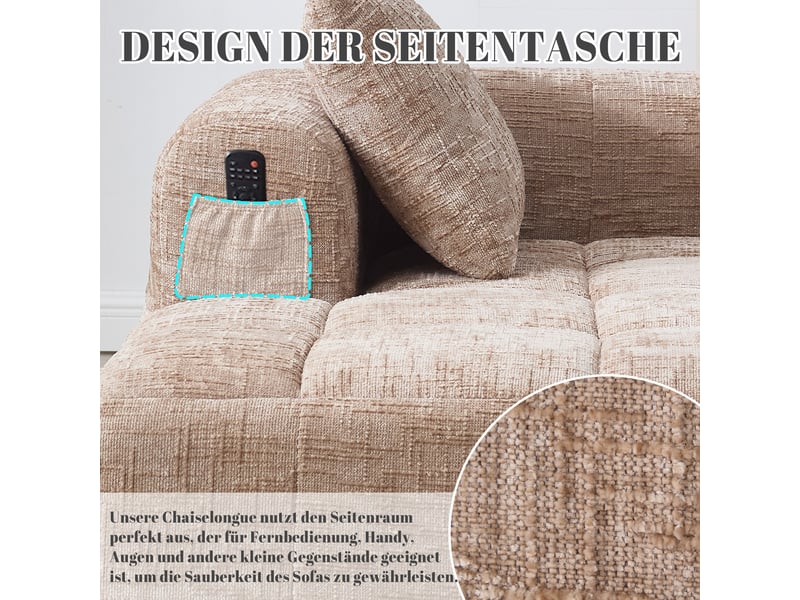  Canapé méridienne en chenille couleur kaki avec coussin inclus et poches latérales pratiques  - Conforama E