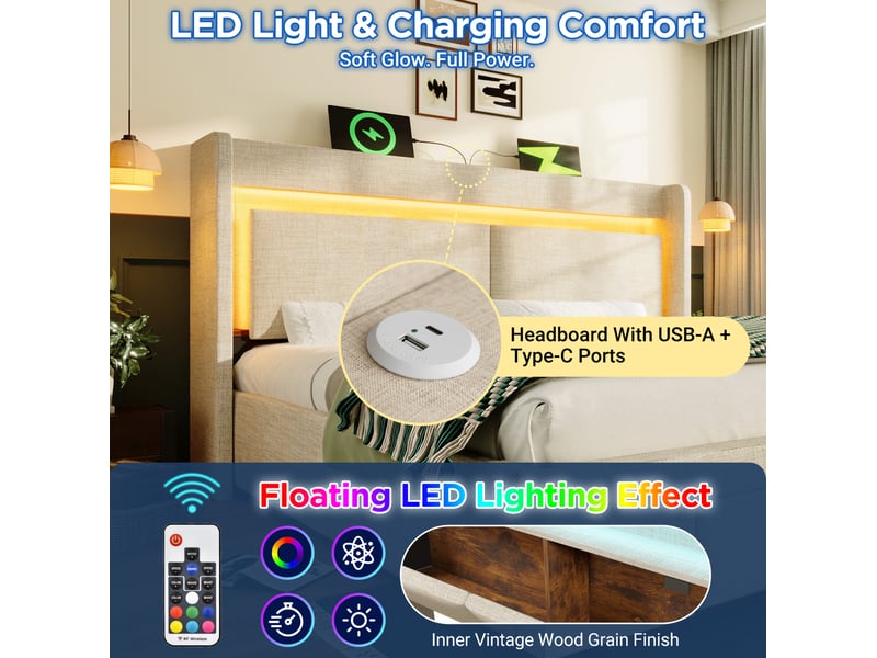 Lit coffre 160 × 200 cm 2 places avec led réglable, usb et usb-c, tiroirs, matelas inclus, beige en lin - Conforama E