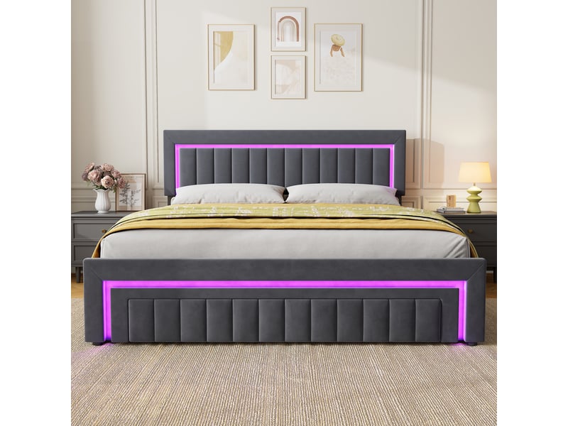  Lit coffre 2 places 180x200 cm avec 2 tiroirs et led, en velours gris  - Conforama B