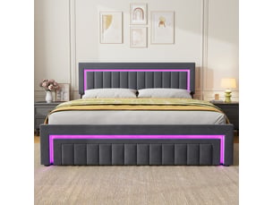 Lit coffre 2 places 180x200 cm avec 2 tiroirs et led, en velours gris