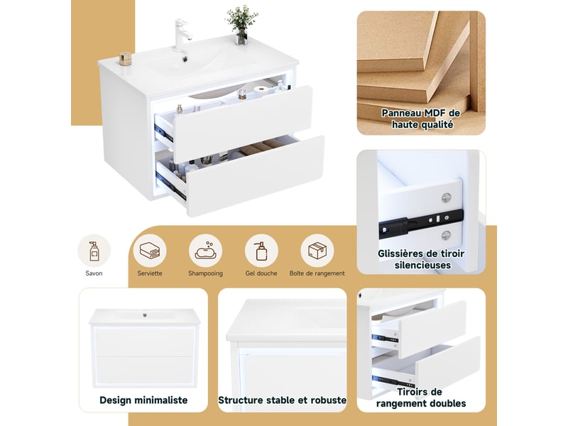  Meuble vasque suspendu 76x46x48,5 cm – blanc – led à détection radar, 2 tiroirs silencieux en mdf  - Conforama E