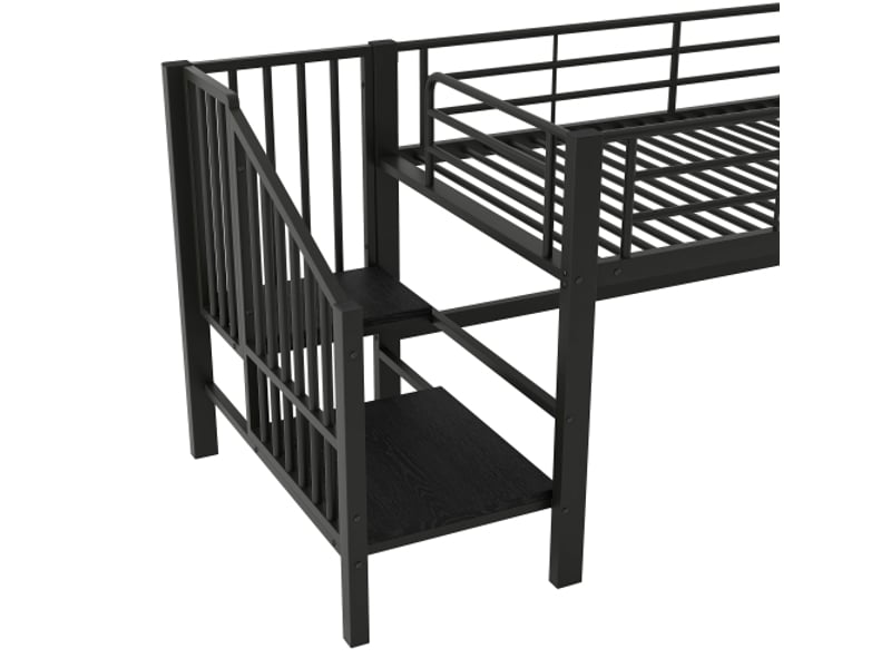  Lit mezzanine 90x200 cm avec escalier de rangement, barrière de sécurité, en métal, noir, sans matelas  - Conforama E
