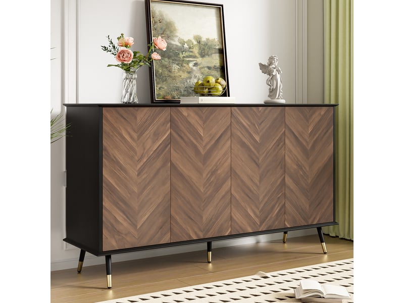  Buffet bicolore noirmarron 140 × 40 × 80 cm, en mdf, avec 4 portes, étagères réglables, charnières amorties  - Conforama E