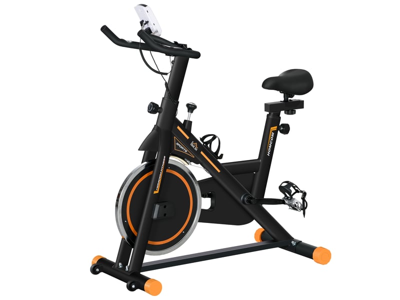 Vélo d'appartement avec volant d'inertie de 8 kg, écran lcd, moniteur de fréquence cardiaque, selle et guidon réglables, 103 x 48 x 115 cm, orange - Conforama B