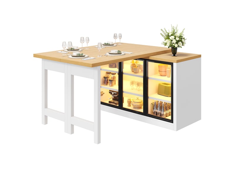  Buffet de cuisine modenvie pivotant et extensible 120-197 cm avec système d'éclairage multicolore, mdf et verre, blanc  - Conforama A