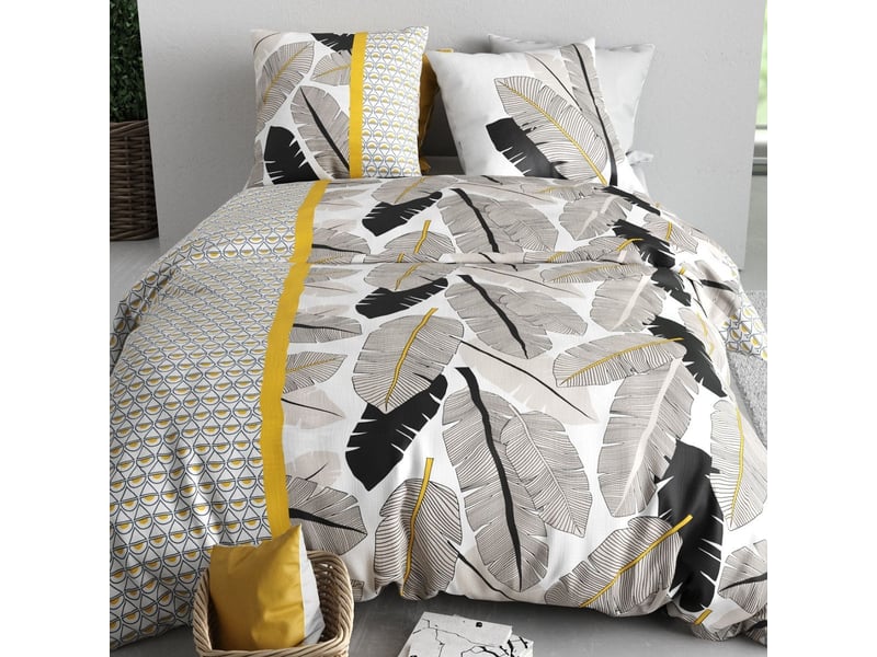  Parure housse de couette 260x240cm + 2 taies motif palmiers noir et jaune 100% coton - amarante AMARANTE - Conforama C