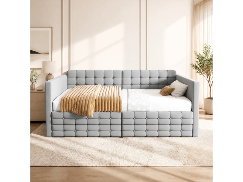  Lit simple 90x190 cm avec tiroirs et poches latérales en velours gris clair  - Conforama C