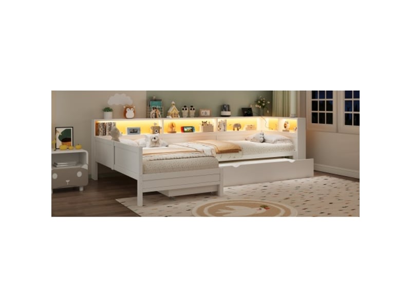 Lit de plateforme en l 90x200 cm avec lit roulant et tiroir, bois massif, blanc BUBBLY - Conforama B
