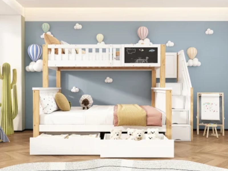 Lit superposé enfant 90×200 + 140×200cm, tableau + tiroirs, blancchêne clair - Conforama B