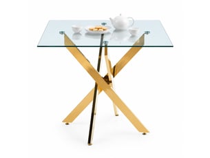 Table de salle à manger carrée avec plateau en verre, pieds métal croisés et style moderne, or 80 x 80 x 75 cm