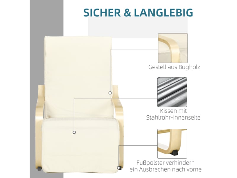Fauteuil relax crème, repose-pieds réglable, aspect lin, bois de bouleau, 66,5x94x100 cm - Conforama D