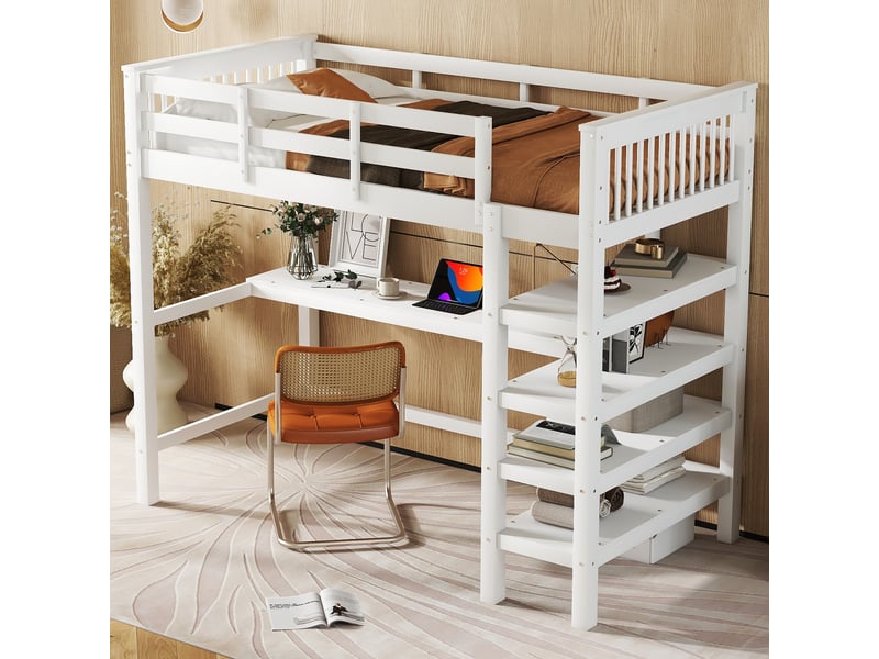 Lit mezzanine enfant avec bureau et étagères, lit mezzanine 90x200 blanc en bois massif, cadre de lit surélevé sans matelas - Conforama E