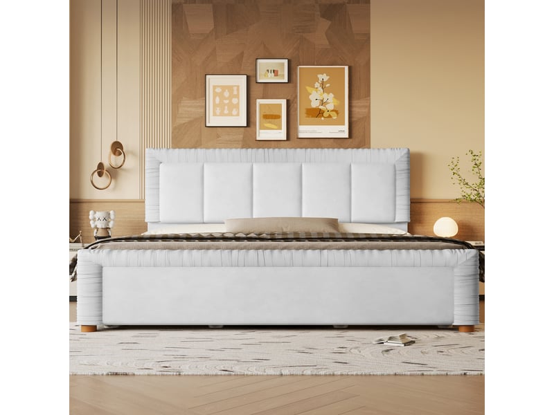  Lit avec rangement 180x200 cm et 2 tiroirs repositionnables, lit double avec tête et pied de lit rembourrés à surpiqûres verticales, velours, gris Seren Glow - Conforama E