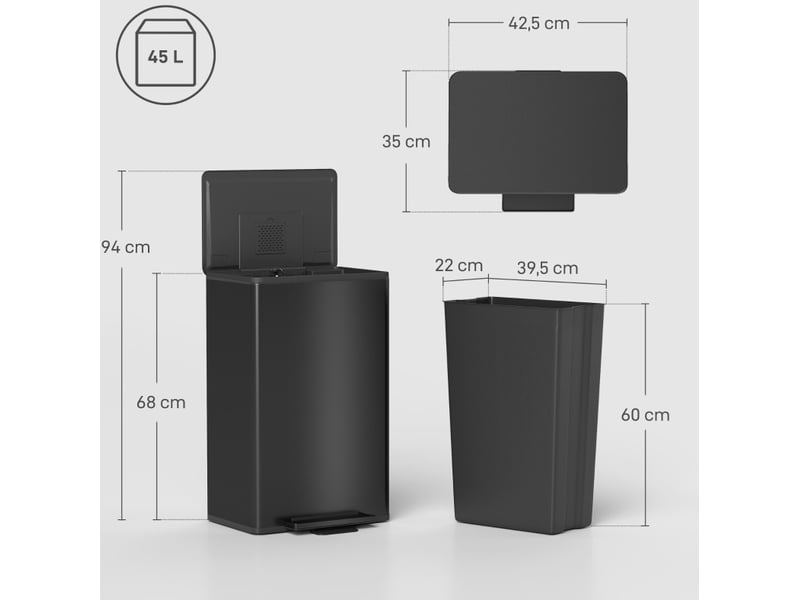  Poubelle de cuisine à pédale 45 l 42,5x35x68 cm – noire – couvercle soft-close et seau amovible  - Conforama C
