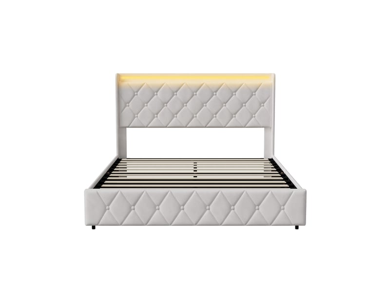  Cadre de lit 160x200 cm avec rangement sous lit à vérin pneumatique, tête de lit rembourrée en velours blanc, éclairage led rgb, ports usb et type-c, lit adulte design moderne  - Conforama W