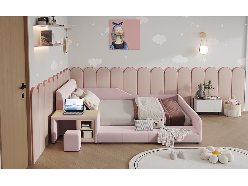 Lit simple enfant 140x200 cm avec bureau et tabouret velours rose tête de lit capitonnée sommier à lattes bois Sol Morn - Conforama D