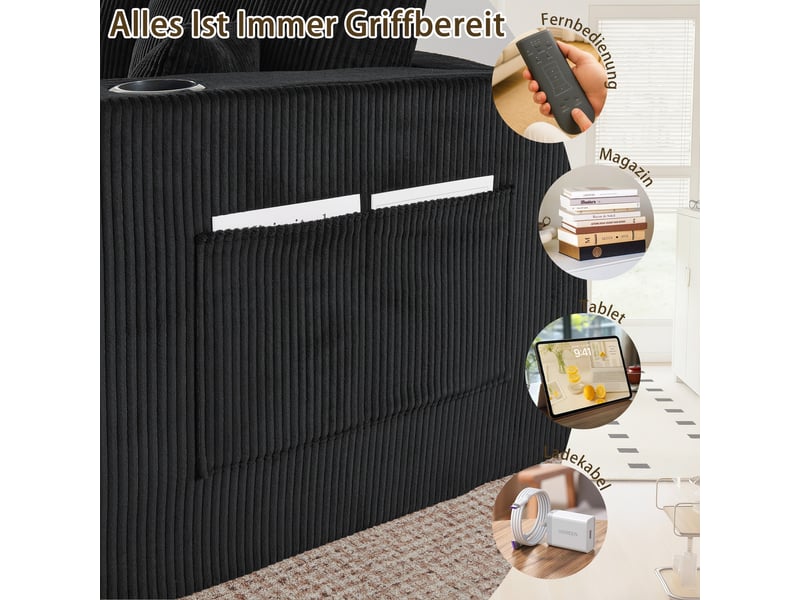  Canapé d'angle, canapé modulable – 3 places, poches latérales, porte-gobelets, noir, pouf amovible, en velours tricoté  - Conforama E