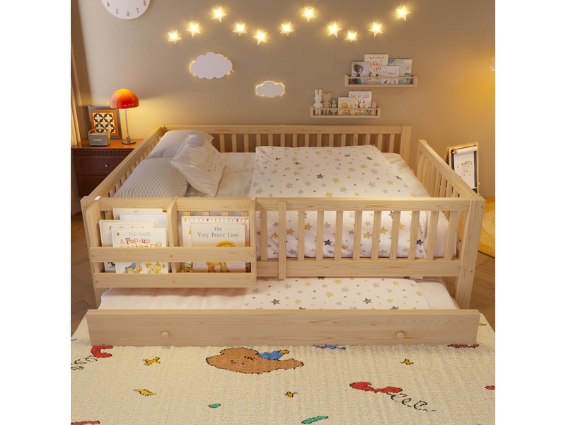 Lit plateforme 140x200 cm avec lit gigogne, garde-corps, échelle et étagère réversibles, style scandinave, bois massif et mdf, naturel OMNIGLINT TRADING LTD - Conforama C