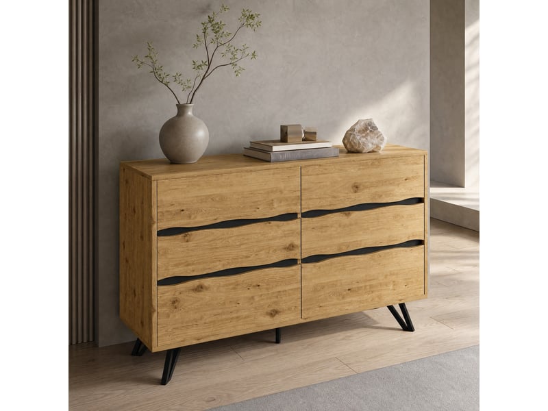  Buffet et enfilade avec 6 tiroirs et pieds métalliques noirs, pour salon ou salle à manger, 120×40×75,5 cm, bois  - Conforama B