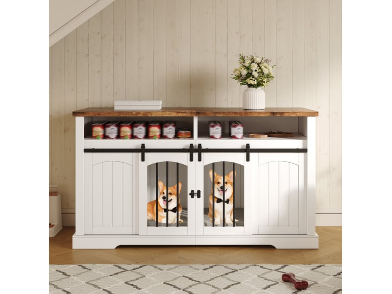 Meuble tv 153x60x85 cm – blanc et brun vintage – portes coulissantes verrouillables  - Conforama B