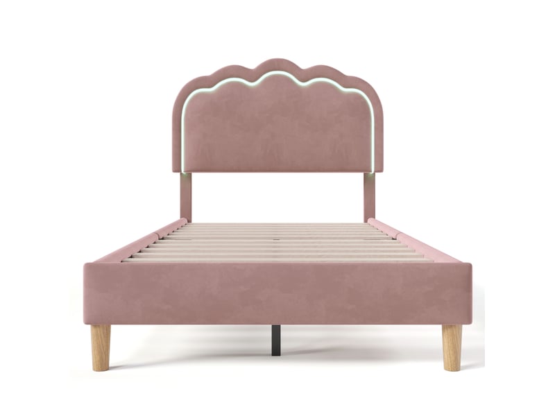  Lit simple led 90x190 cm tête de lit réglable velours rose sans matelas  - Conforama D