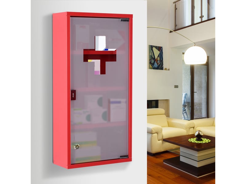  Armoire à pharmacie 3 étagères 4 niveaux verrouillable porte verre trempé dépoli logo croix 30l x 12l x 60h cm acier rouge  - Conforama D