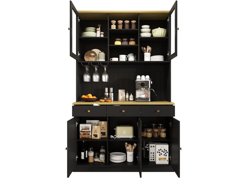 Buffet haut avec vitrines, tiroir, porte-verres et prises, ports usb pour salle à manger et cuisine, noir, 120 × 40 × 191 cm - Conforama A