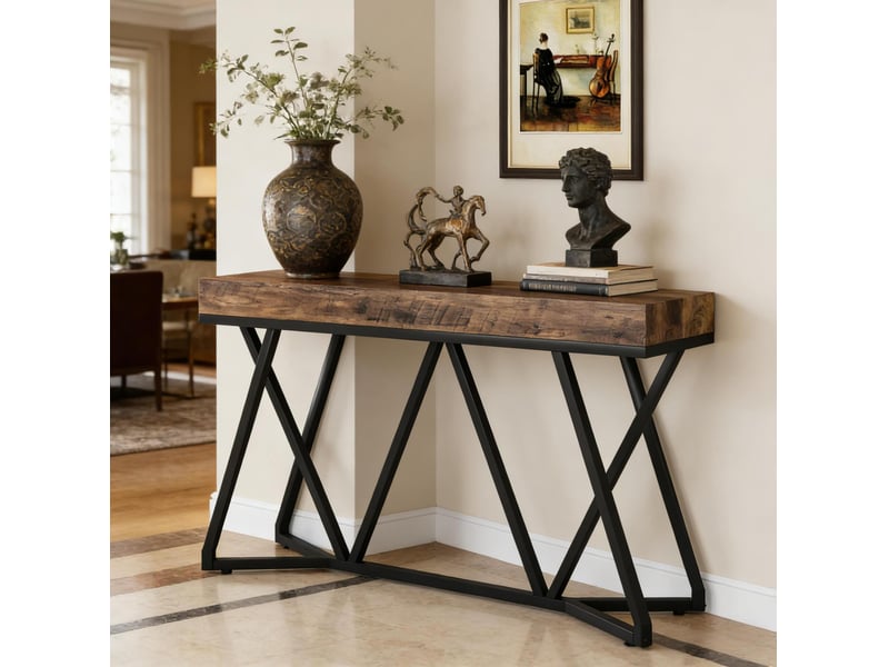  Table console 140x30x90.5 cm structure métallique mdf noir marron rustique  - Conforama D