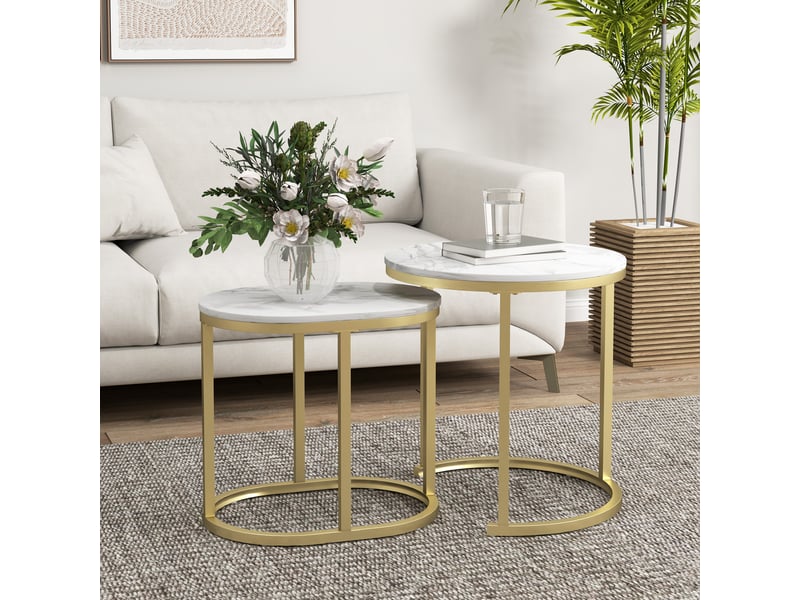  Lot de 2 tables basses gigognes encastrables d'appoint - plateau mdf aspect marbre et structure acier doré T1003-01-10655 - Conforama E
