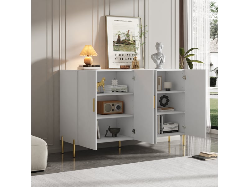 Buffet blanc et doré 4 portes, bahut moderne blanc mat 160 cm avec étagères réglables pour salle à manger et salon - Conforama B