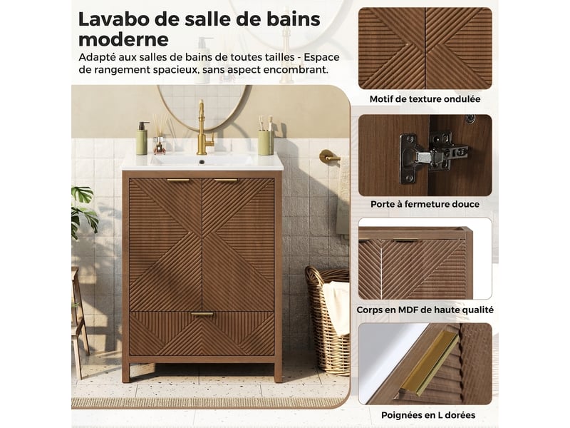  Meuble salle de bain sur pied 61 cm noyer avec vasque en céramique et façade ondulée  - Conforama E